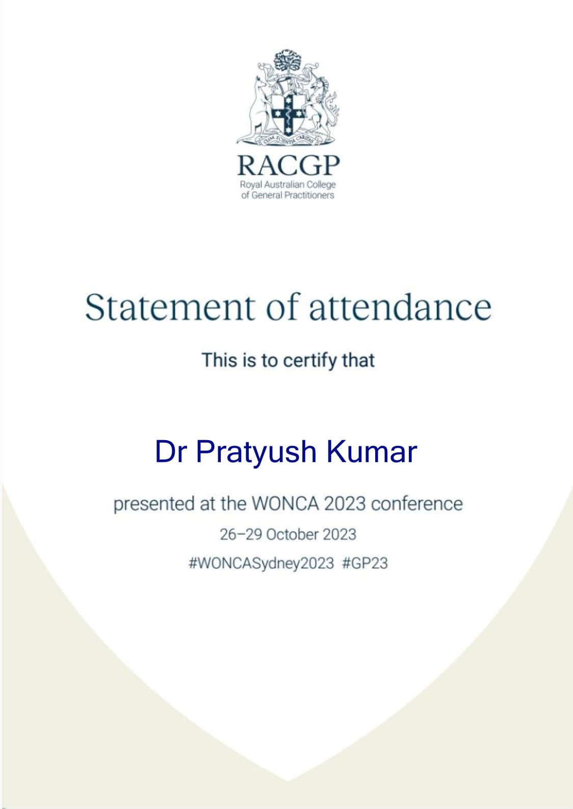 RACGP Statement of Attendance - WONCA 2023 Sydney