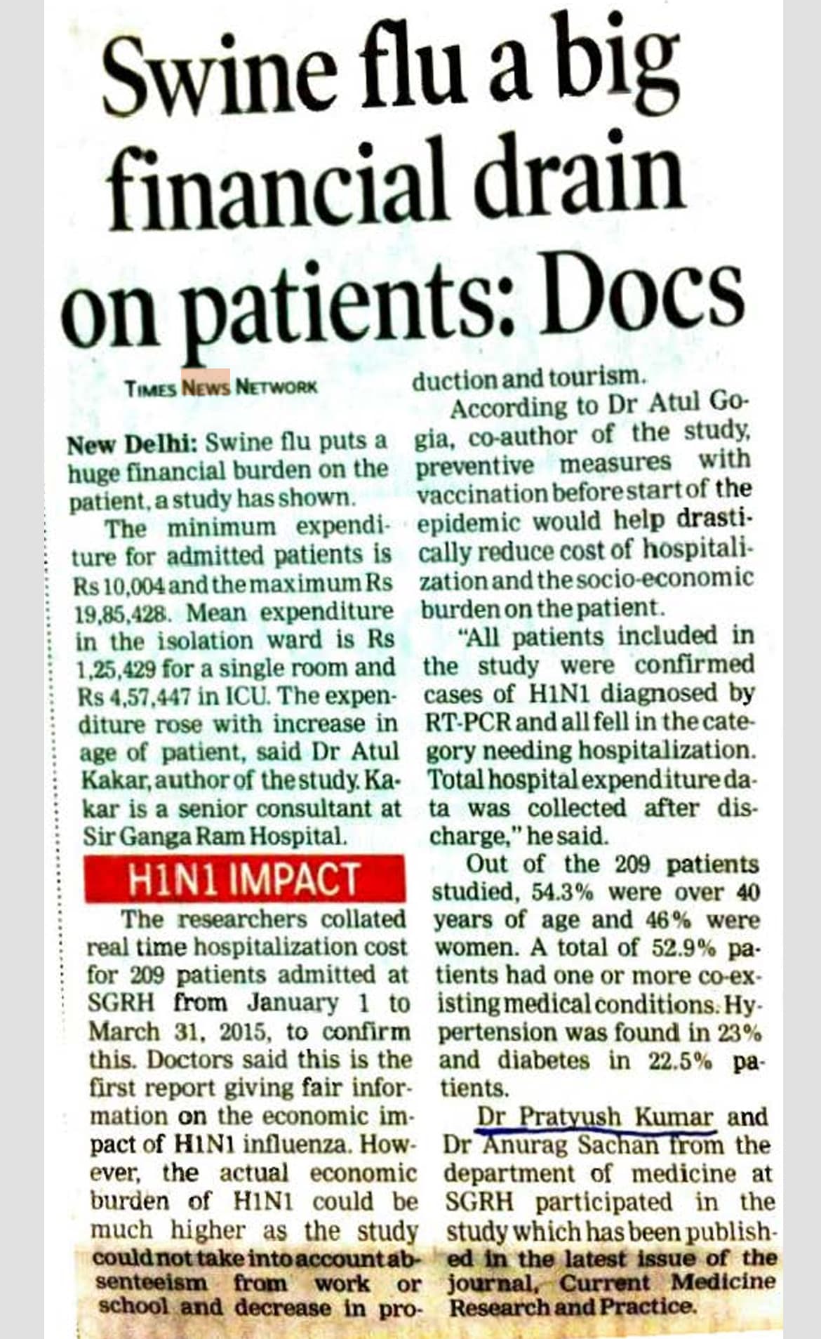 H1N1 financial burden research - The Times of India